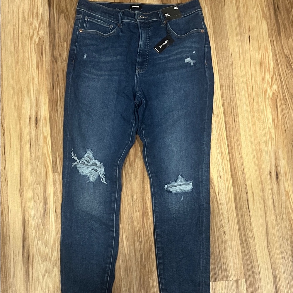 Express Dark Blue Distressed Skinny Jeans